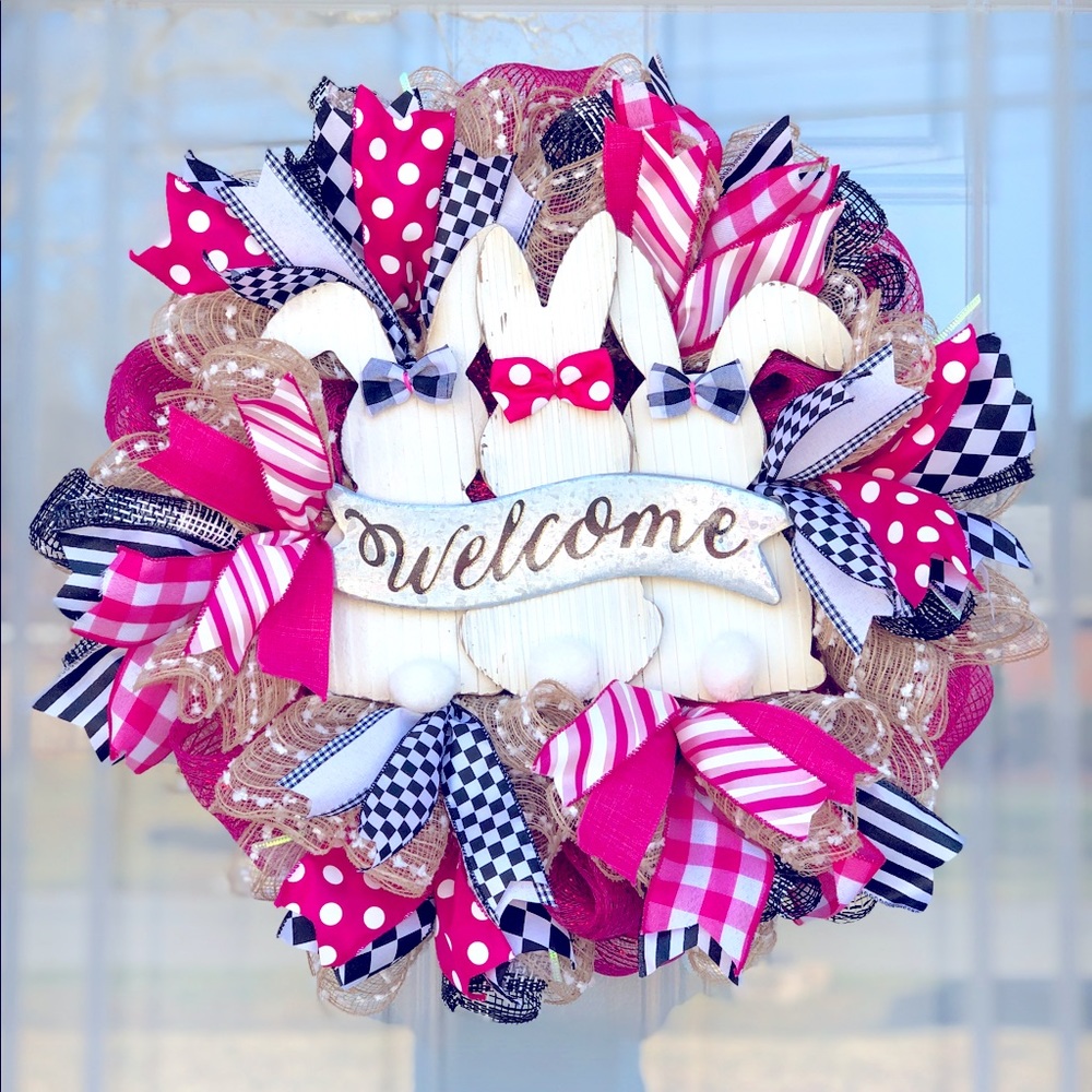 Easter Wreath Hot Pink White & Black Harlequin 24”